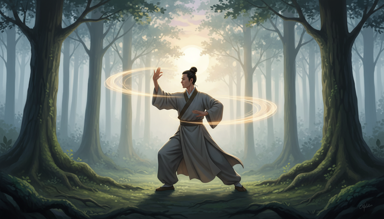 Persona realizando movimientos de Chi Kung en un bosque neblinoso al amanecer, con trazos de luz que siguen el movimiento de sus manos, atmósfera de profunda serenidad y autoridad.