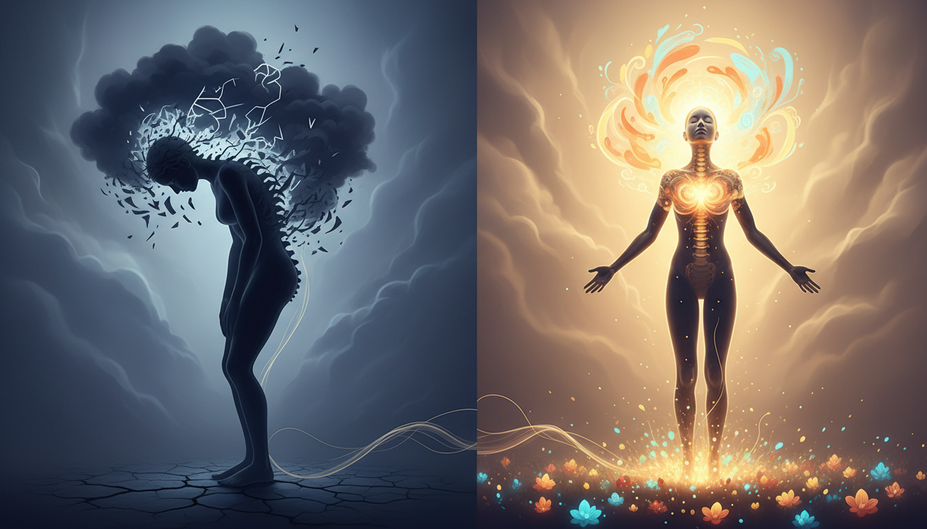 Comparativa visual de dos siluetas humanas: una encorvada y oscura, la otra erguida y radiante, mostrando la conexión entre la alineación de la columna y el estado de ánimo.