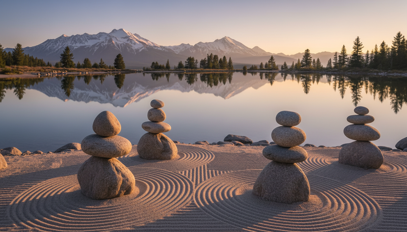 Un paisaje sereno de montañas reflejadas en un lago cristalino, con un primer plano de un jardín zen de piedras perfectamente equilibradas, simbolizando el equilibrio perfecto entre cuerpo y mente.