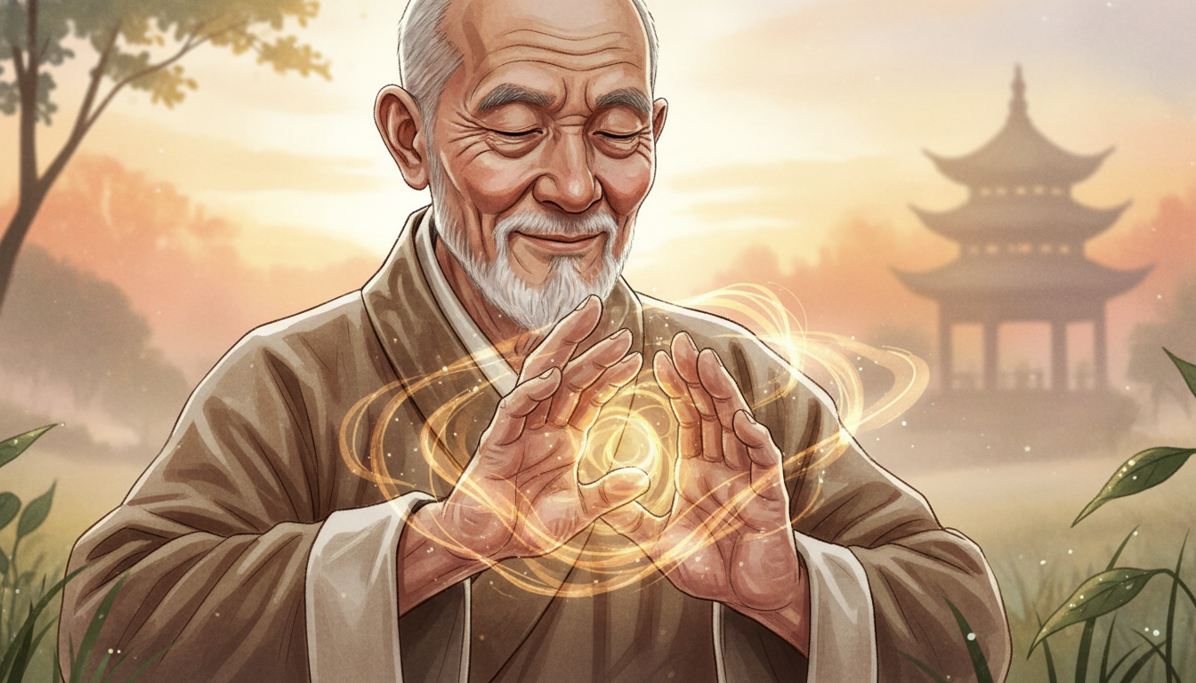Un anciano maestro de Chi Kung en un parque al amanecer, sus manos rodeadas por un sutil efecto de distorsión de calor o luz dorada que sugiere el movimiento de la energía, capturado con una lente macro que resalta la textura de su piel y la serenidad de sus ojos.