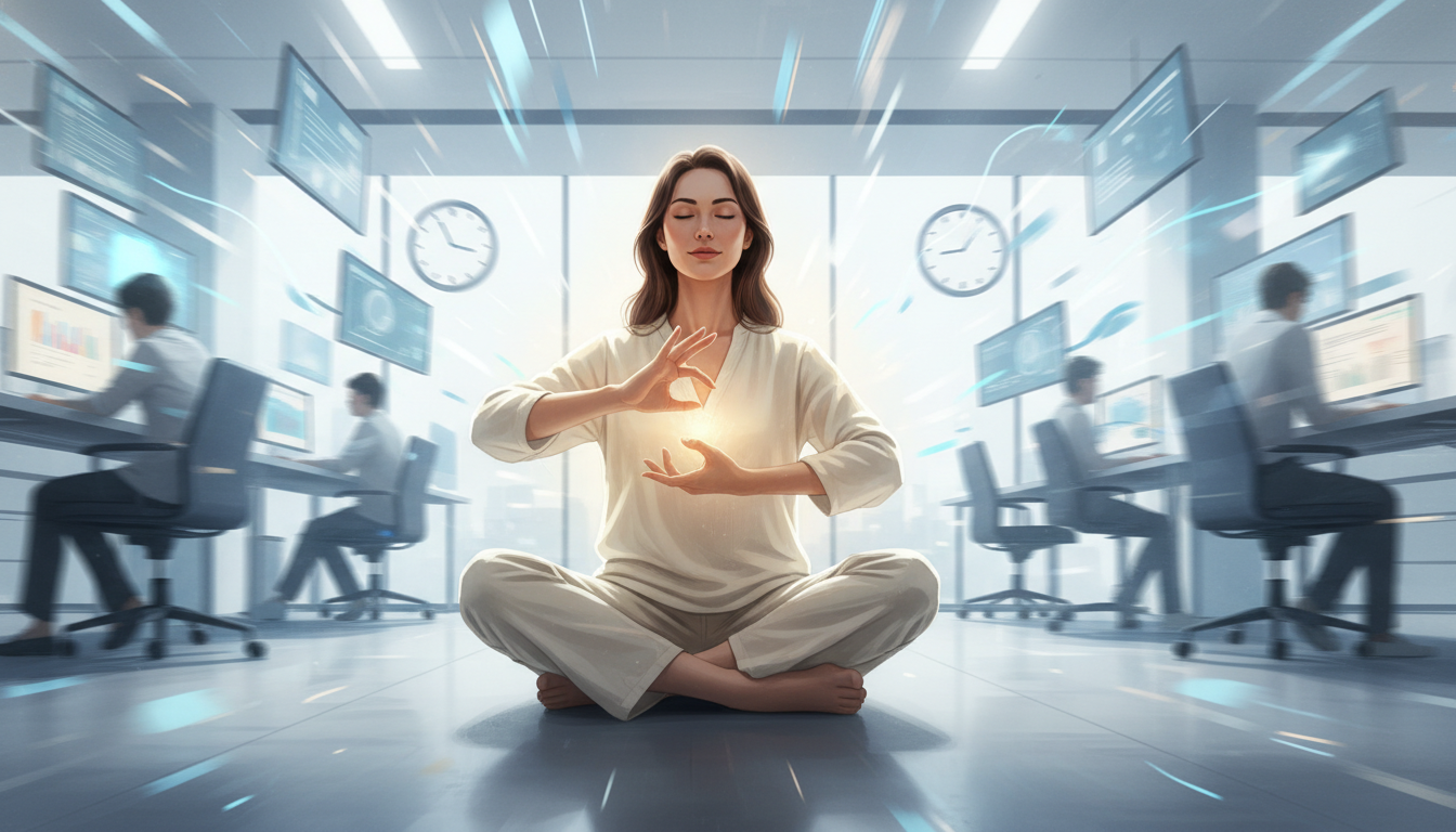 Una joven profesional sentada en su oficina moderna, con los ojos cerrados, realizando un gesto de manos de Chi Kung mientras el mundo exterior (pantallas, relojes, gente) se ve borroso y acelerado a su alrededor. Estilo minimalista y frío que contrasta con su calidez interior.