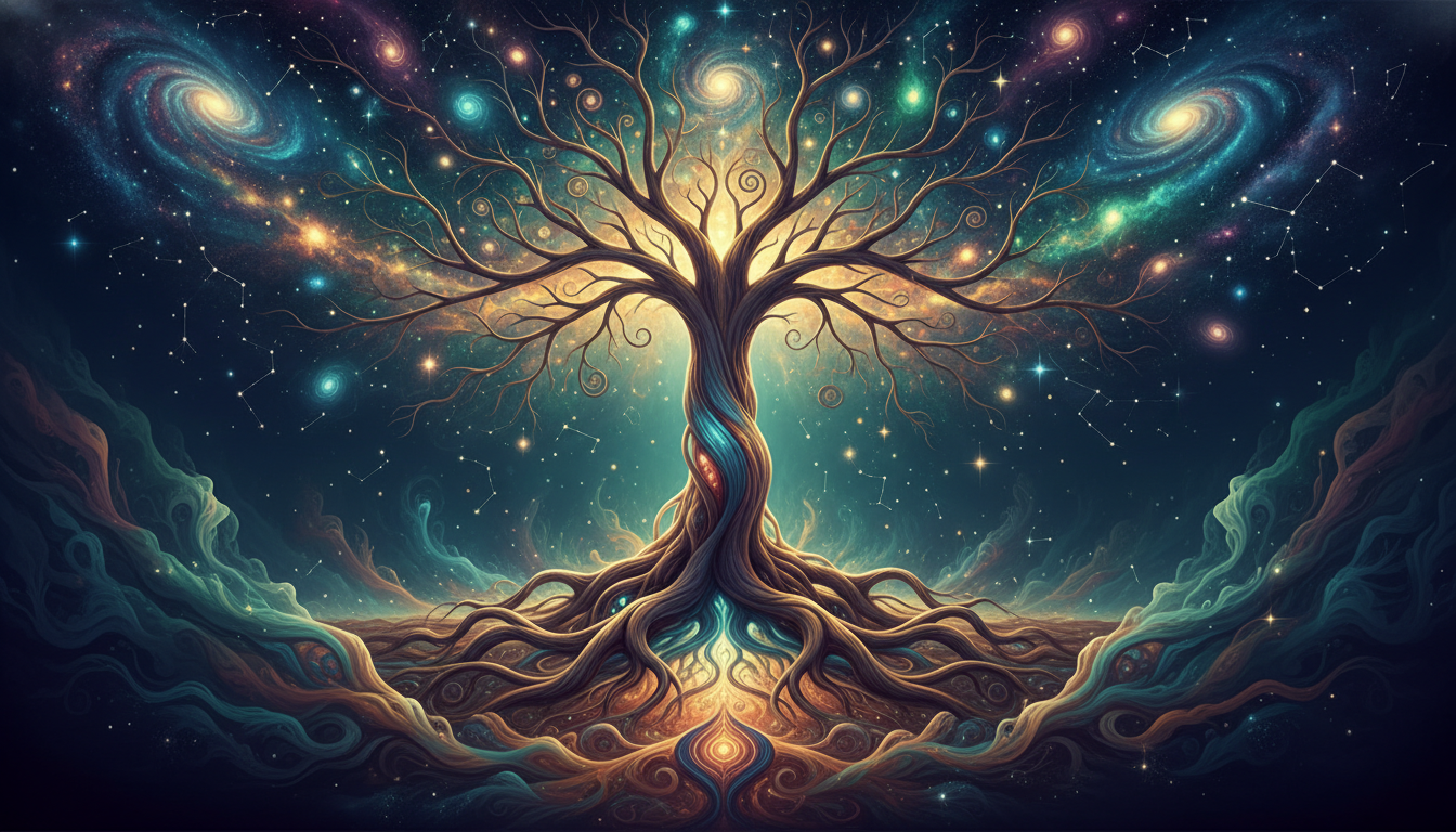 Una imagen abstracta que representa el sistema nervioso transformándose en raíces de un árbol y ramas que tocan las estrellas, simbolizando la conexión entre lo terrenal (cuerpo) y lo infinito (consciencia), en un estilo de arte digital fluido y orgánico.