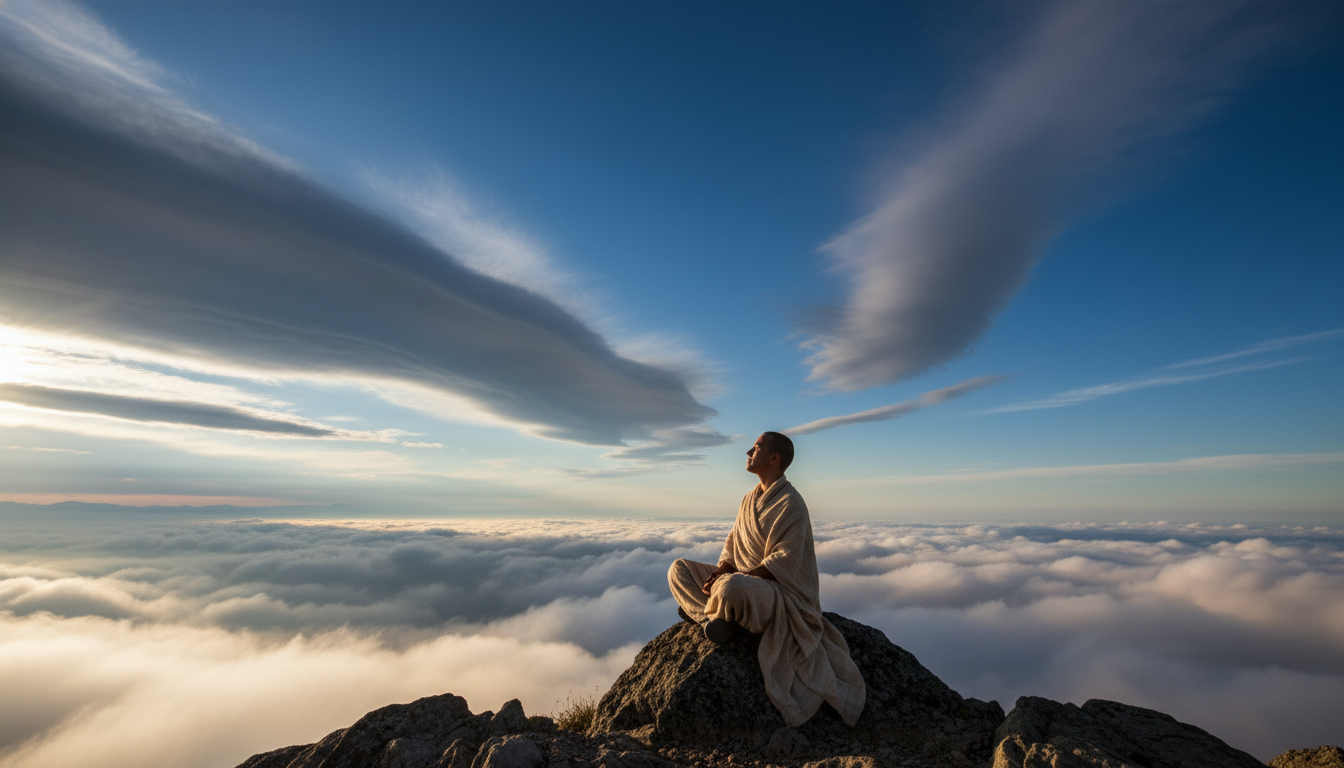 Una imagen de una persona sentada observando nubes oscuras que pasan por un cielo despejado, simbolizando la desidentificación con los pensamientos ansiosos y la posición del observador consciente.