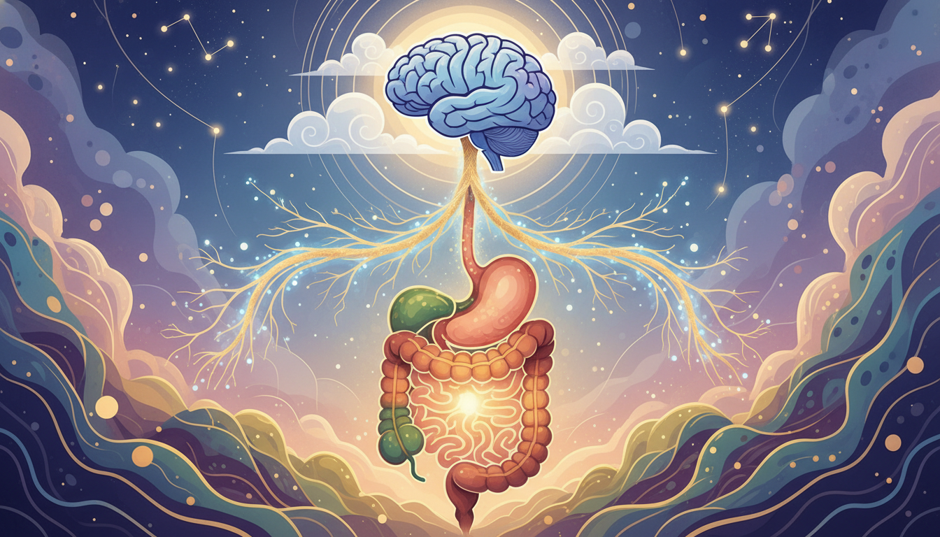 Infografía artística que muestra el eje intestino-cerebro, con el nervio vago conectando un sistema digestivo saludable y radiante con un cerebro en calma.