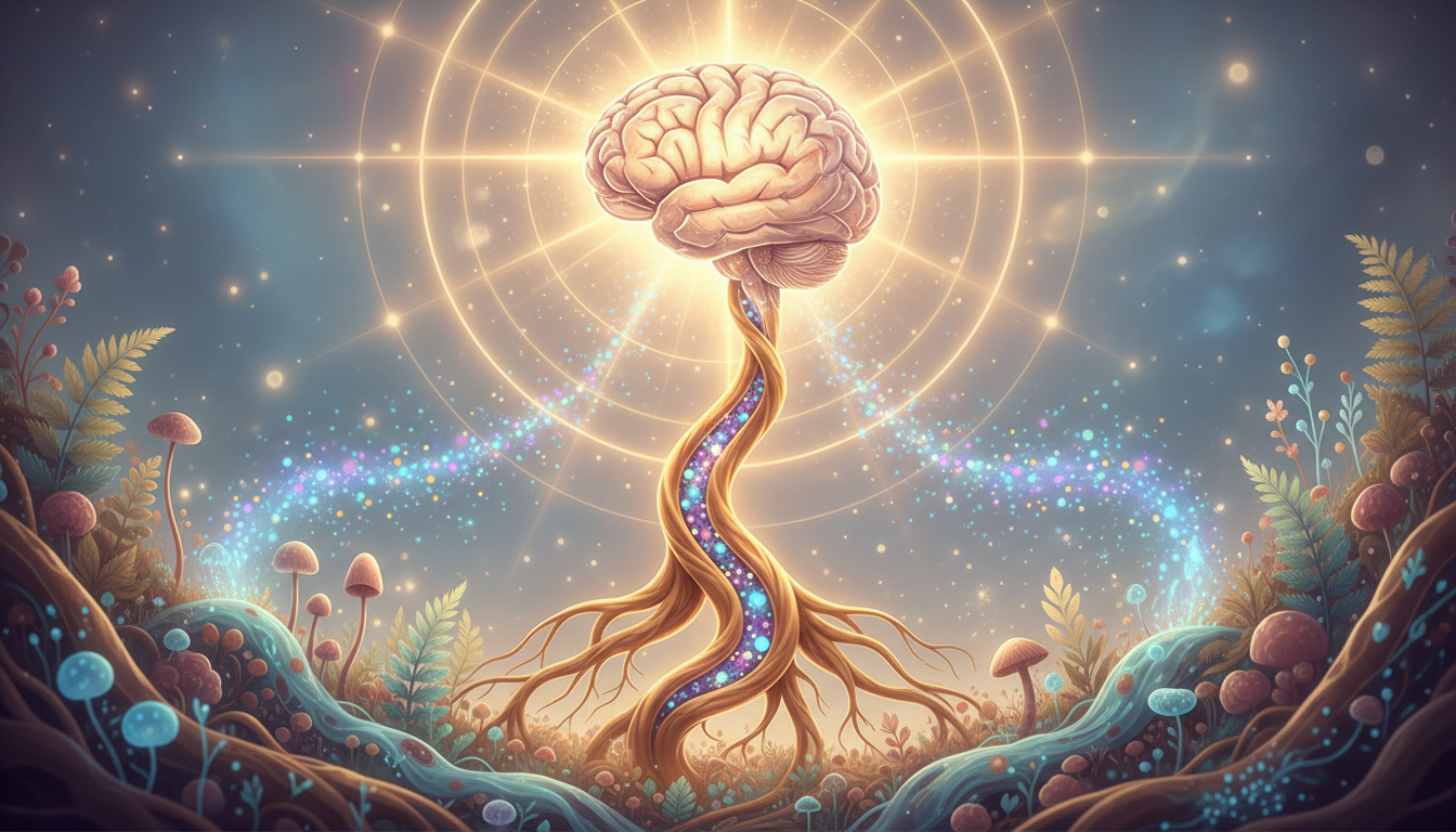 Una representación artística y detallada del eje intestino-cerebro, mostrando neurotransmisores como partículas de luz viajando a través de un nervio vago dorado que conecta un bosque de vegetación intestinal con un cerebro radiante y sereno.