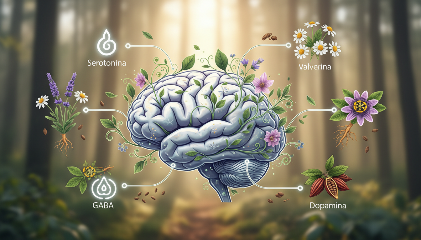 Una infografía estética que muestra un cerebro humano transformándose en hojas verdes y flores, con etiquetas que señalan neurotransmisores como Serotonina, GABA y Dopamina vinculados a diferentes plantas y semillas.