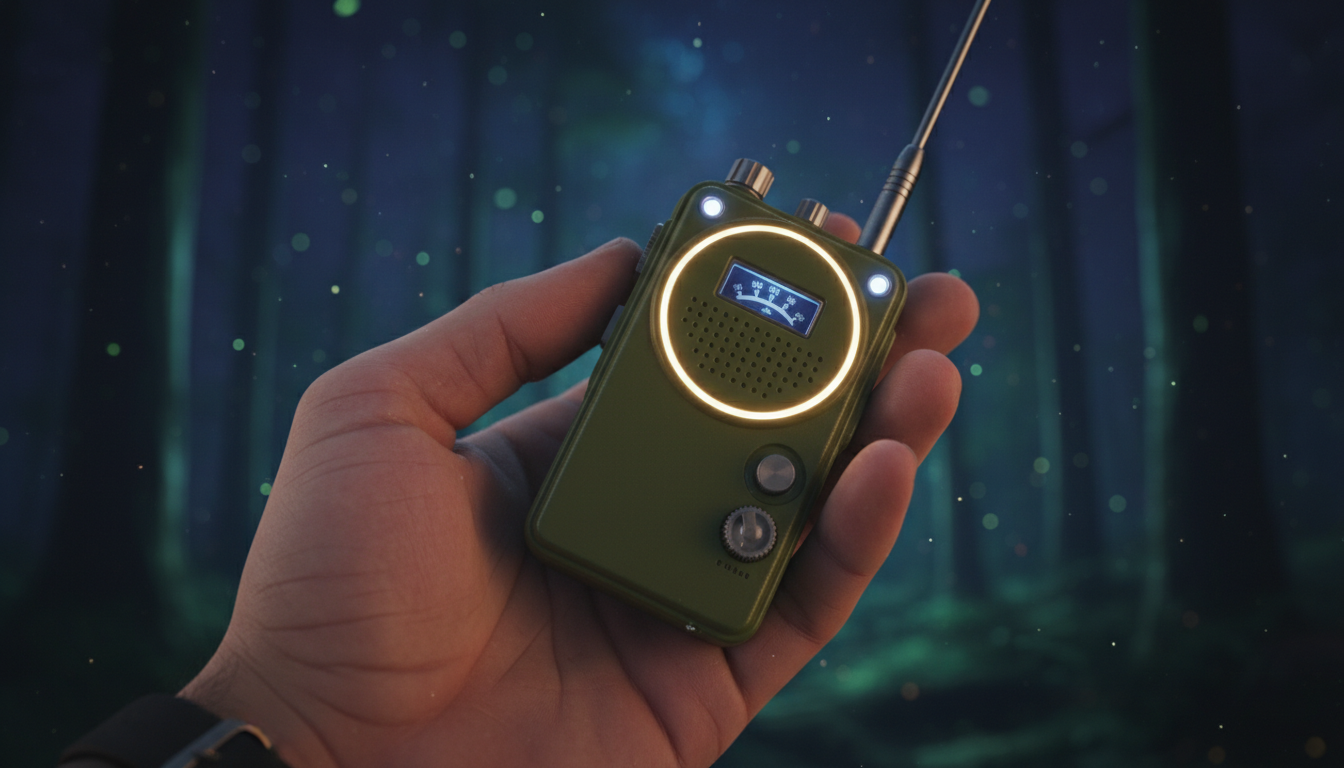 Un primer plano detallado de una mano sosteniendo un walkie-talkie antiguo de los años 80, con luces LED suaves y un fondo desenfocado que sugiere un bosque nocturno misterioso pero protector.