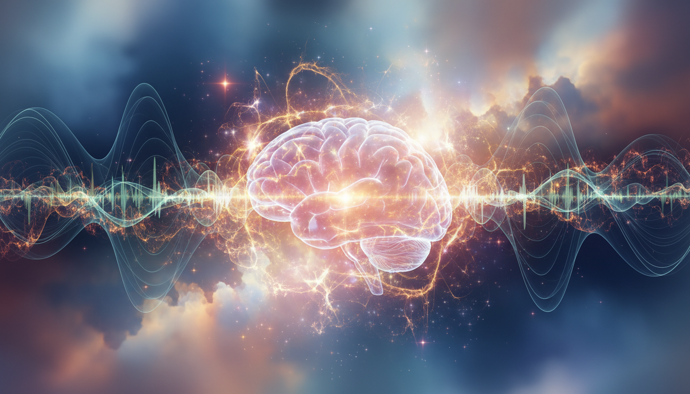 Una ilustración abstracta que muestra ondas sonoras de sintetizador transformándose en fractales de luz que envuelven el cerebro humano, representando la calma y la armonía neuroquímica.