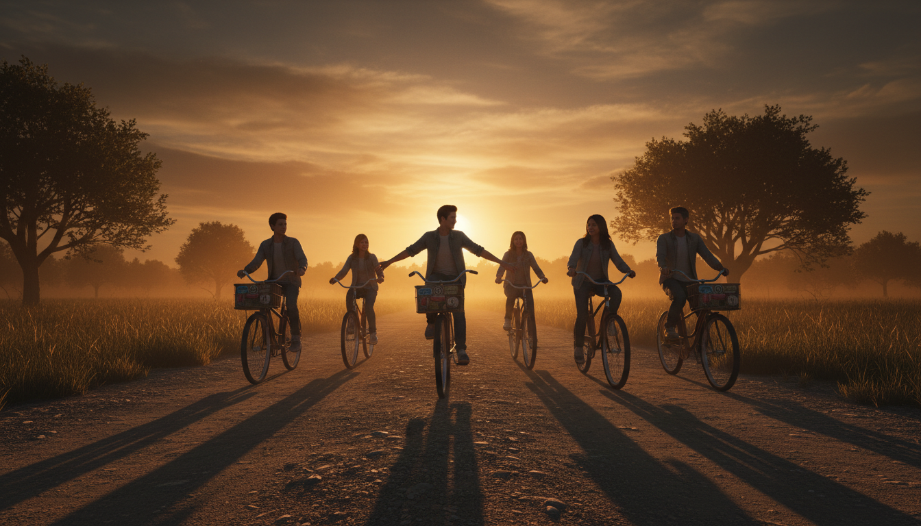 Un grupo de amigos adolescentes en sus bicicletas bajo un cielo de atardecer ocre, proyectando sombras largas, simbolizando la lealtad y la seguridad que ofrece el arquetipo de la amistad verdadera.