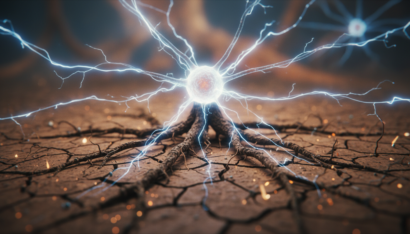 Un primer plano de una neurona disparando señales eléctricas intensas, transformándose visualmente en raíces secas que buscan agua. Representación de la ansiedad biológica conectada a la tierra.