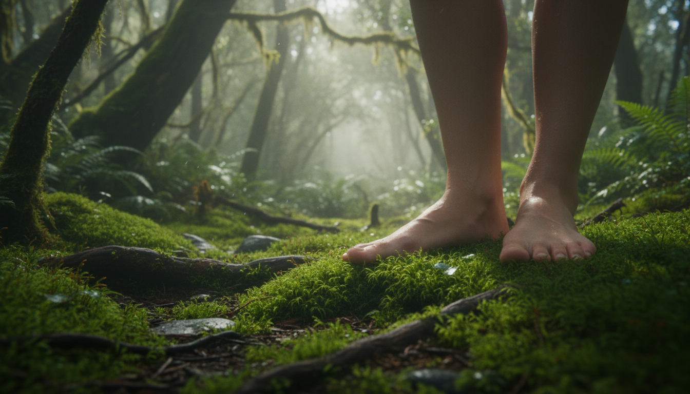 Una persona caminando descalza sobre musgo en un bosque denso y brumoso. La imagen transmite una sensación táctil de frescura y conexión a tierra (Earthing).