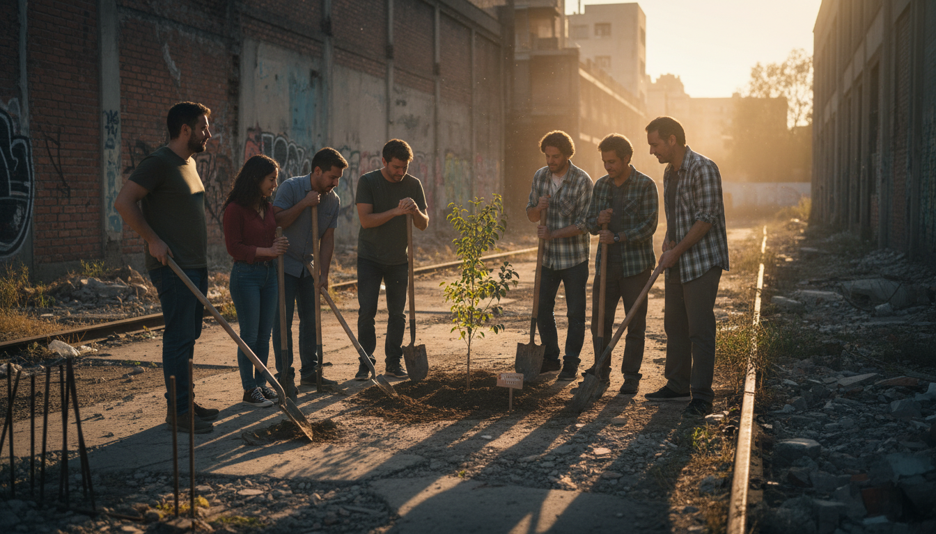 Un grupo diverso de personas plantando un árbol en un entorno urbano degradado. No se miran entre ellos, sino que miran al árbol con una expresión de serenidad y propósito común. La luz del atardecer ilumina la escena.