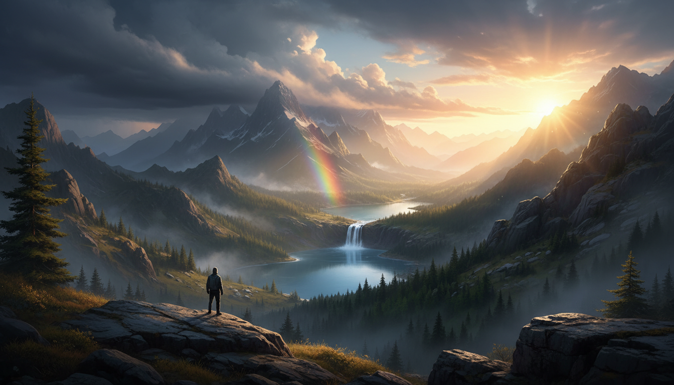 Un paisaje de montaña sereno después de una tormenta, con el sol rompiendo entre nubes oscuras, simbolizando la claridad post-crisis.