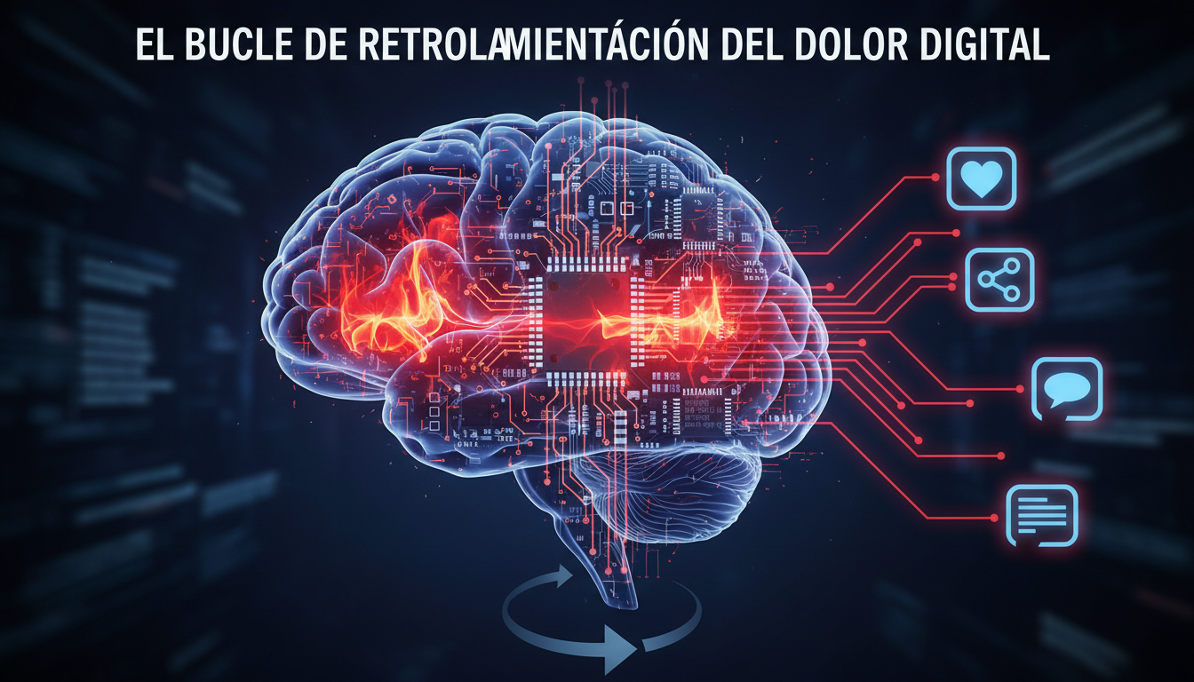 Un diagrama del cerebro humano fusionado con un circuito electrónico. Las áreas del sistema límbico (emociones) están iluminadas en rojo, conectadas a iconos de redes sociales. Título del gráfico: