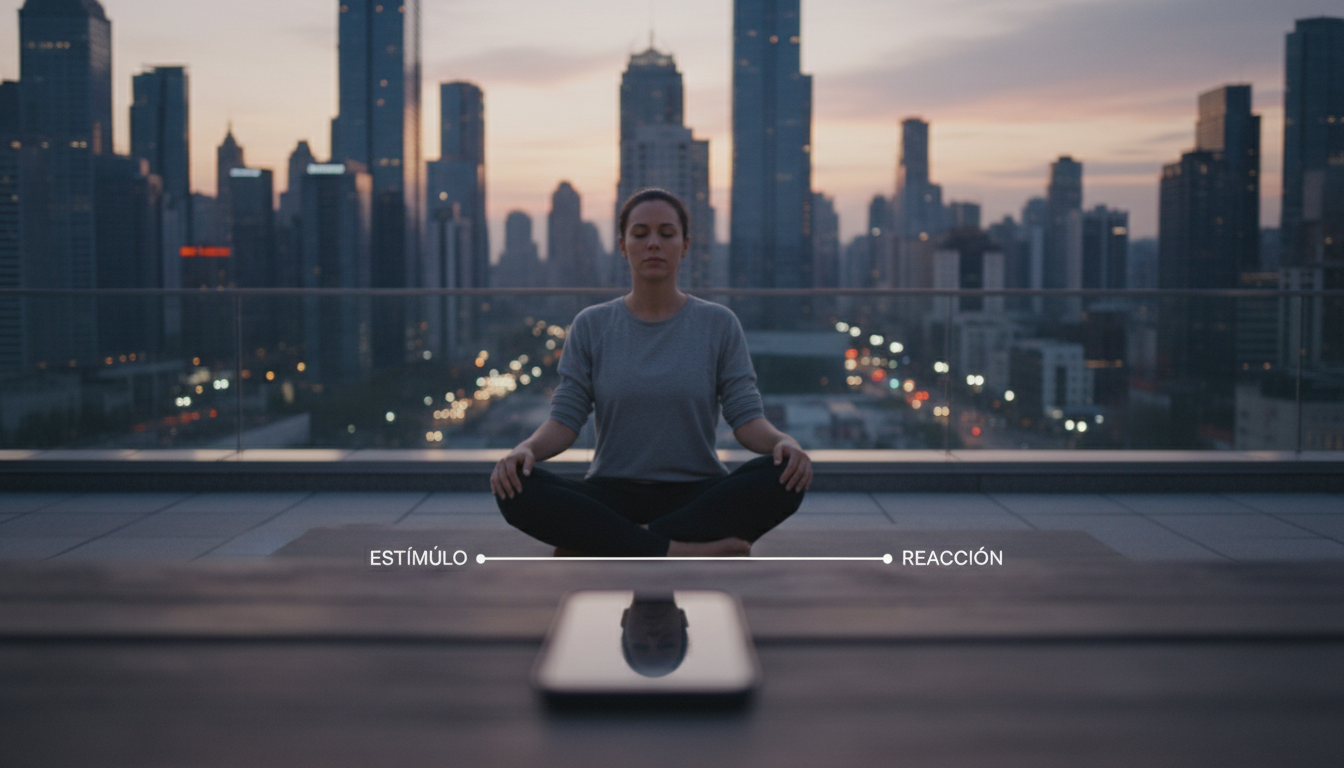 Una persona practicando respiración consciente en un entorno urbano, con un smartphone desenfocado en primer plano sobre una mesa, simbolizando la distancia entre el estímulo y la reacción.