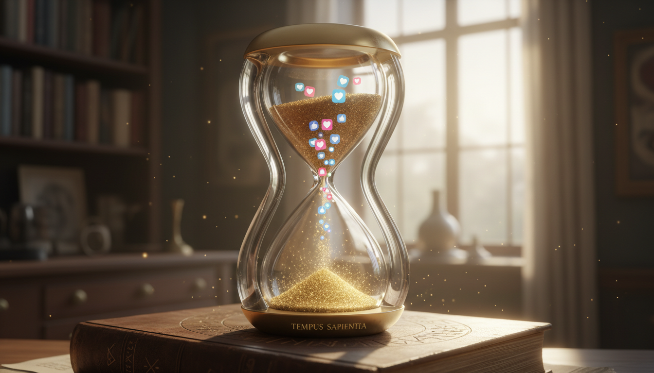 Un reloj de arena moderno donde, en lugar de arena, caen iconos de