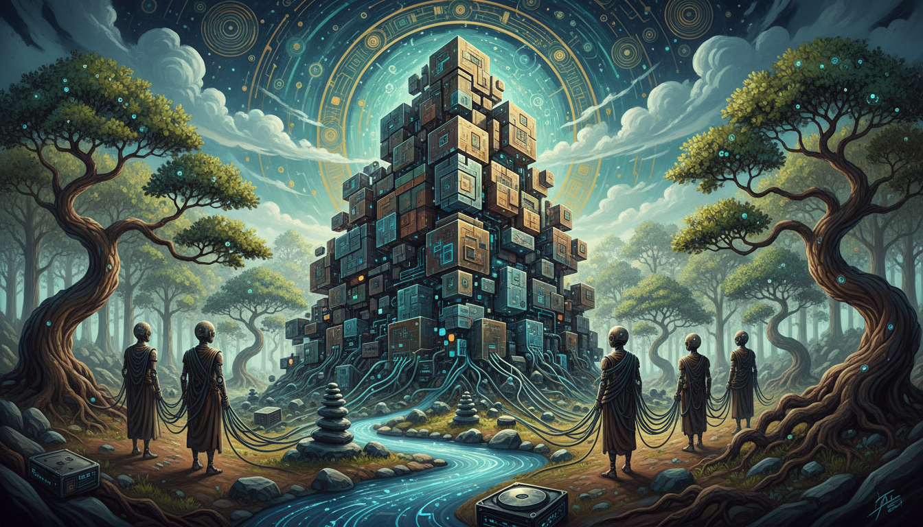 Una representación abstracta de un servidor de datos gigante en medio de un bosque zen. Monjes robóticos caminan alrededor del servidor, conectando cables a árboles antiguos, fusionando naturaleza y tecnología.