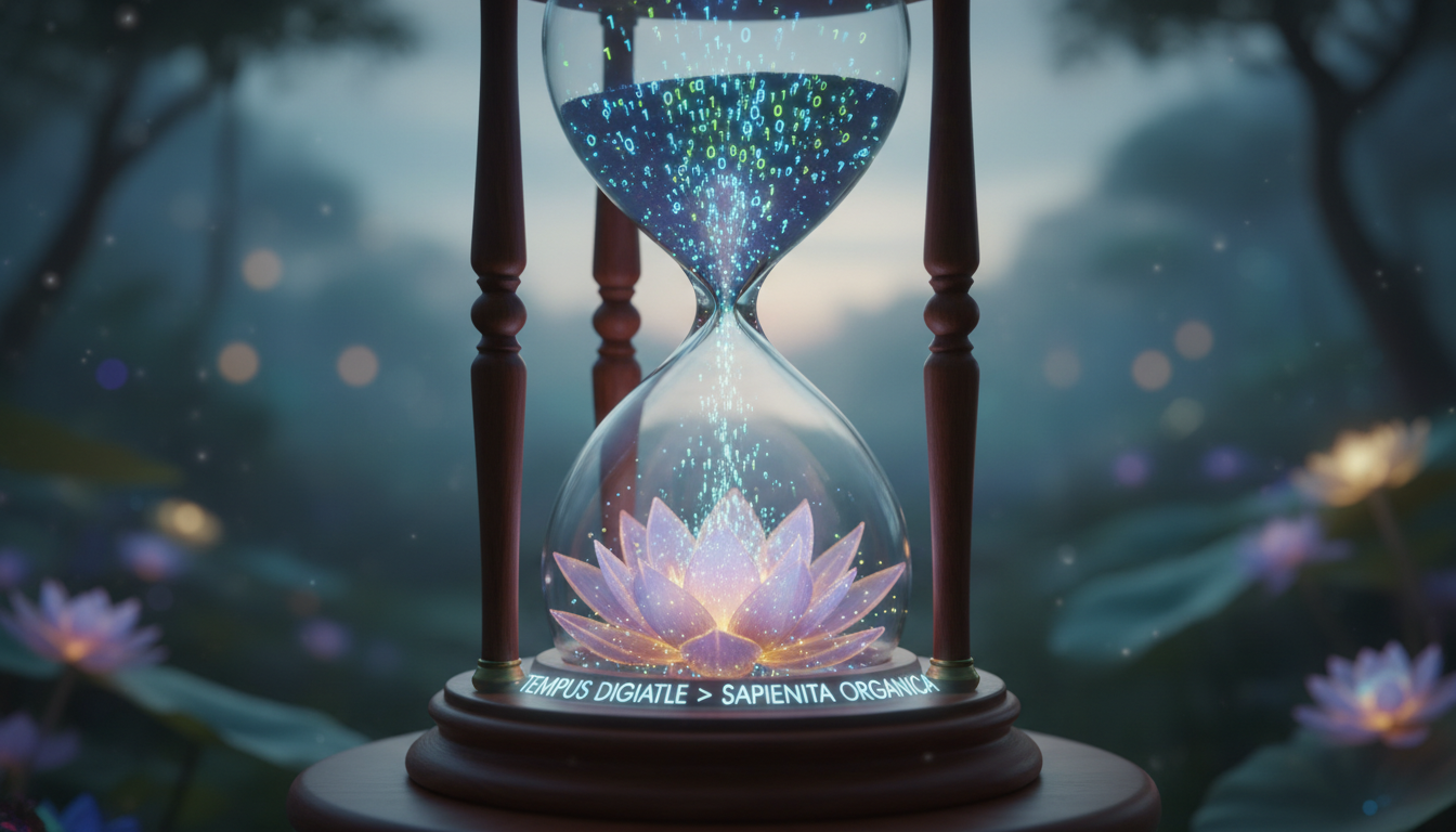 Un reloj de arena digital. En lugar de arena, lo que cae son unos y ceros. En la parte inferior del reloj, los números se transforman en flores de loto que se abren, simbolizando que el tiempo digital debe transformarse en sabiduría orgánica.