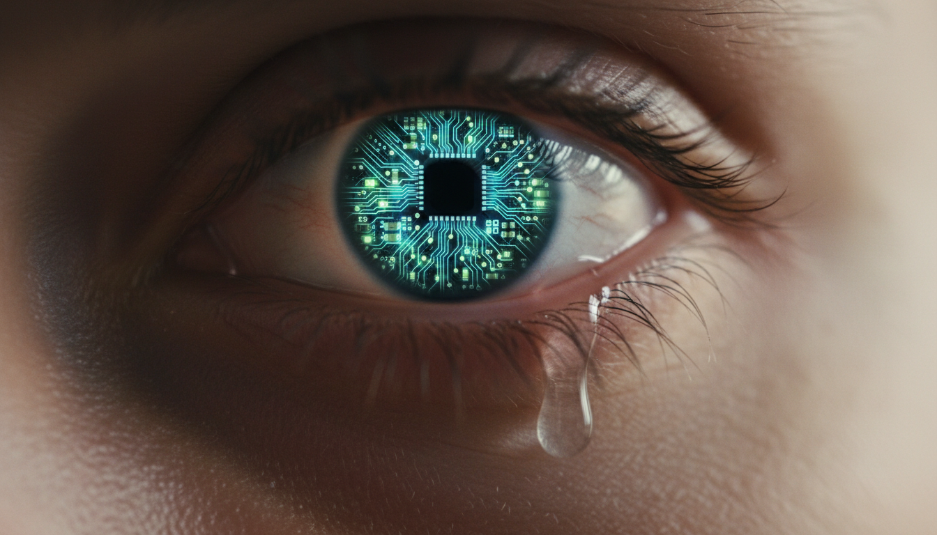 Un primer plano de un ojo humano, pero el iris es un circuito impreso brillante. Una lágrima real cae del ojo, simbolizando la emoción humana atrapada en la máquina.