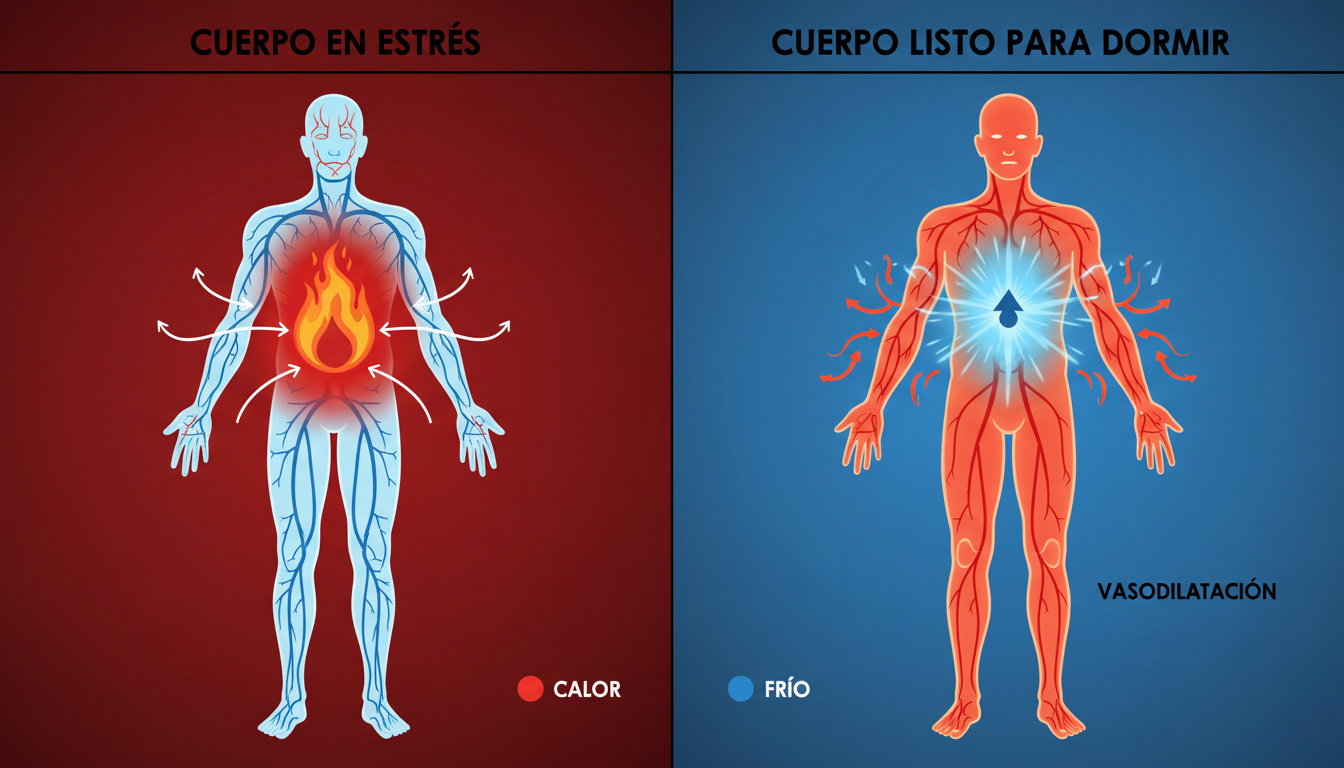 Diagrama comparativo del cuerpo humano: a la izquierda 'Cuerpo en Estrés' con núcleo rojo brillante; a la derecha 'Cuerpo listo para dormir' con extremidades calientes y núcleo azul frío, indicando la vasodilatación