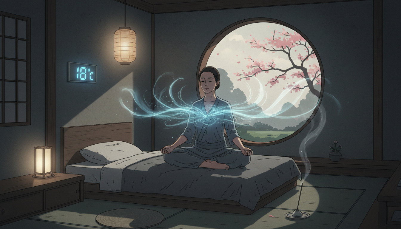 Ilustración de una habitación oscura estilo Zen, con termómetro marcando 18 grados, y una persona practicando respiración consciente en la cama, con un aura de calma visualizada