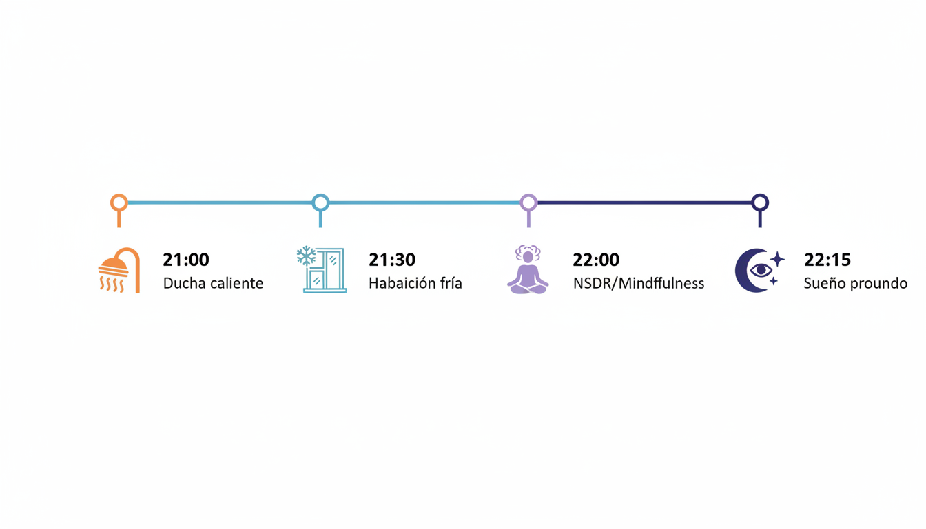 Gráfico de línea de tiempo: 21:00 Ducha caliente -> 21:30 Habitación fría -> 22:00 NSDR/Mindfulness -> 22:15 Sueño profundo. Iconografía minimalista y moderna» class=»wp-image-1741″/></figure>
<div class=