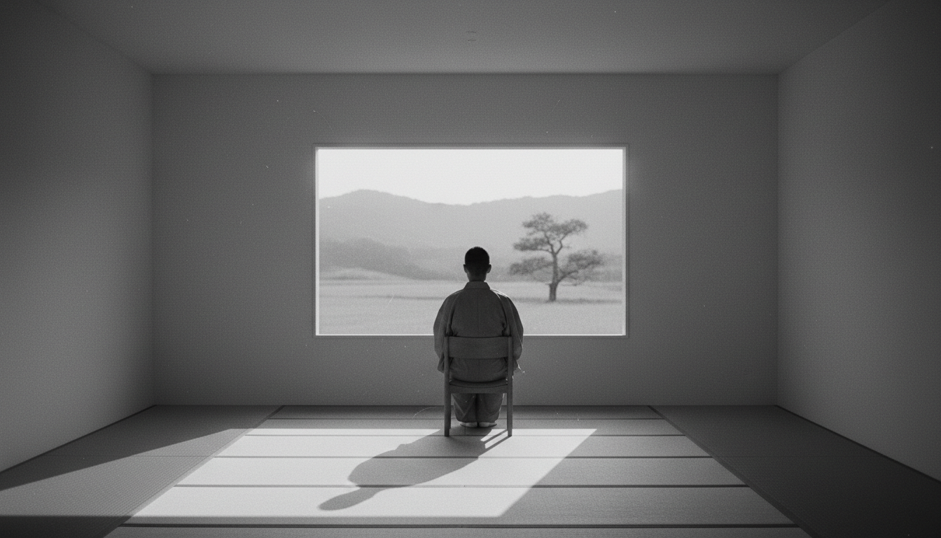 Una fotografía en blanco y negro de una persona sentada en una silla en una habitación vacía, mirando por una ventana. La luz entra suavemente. Transmite calma, soledad y la ausencia de tecnología. Estilo minimalista zen.