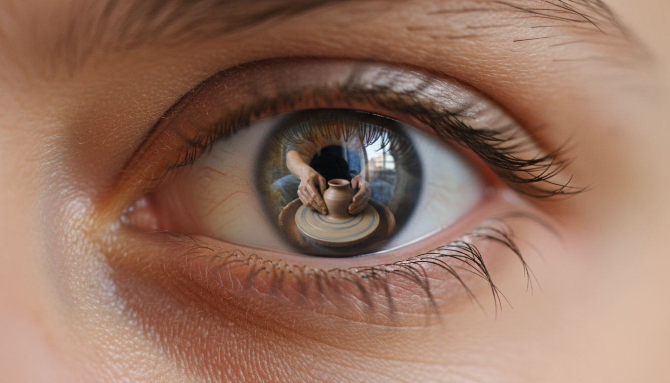 Primer plano macro del ojo de un artesano o deportista, totalmente enfocado. Se refleja en su pupila la tarea que está realizando (ej: arcilla, código, una pelota de tenis). Transmite intensidad y presencia absoluta.