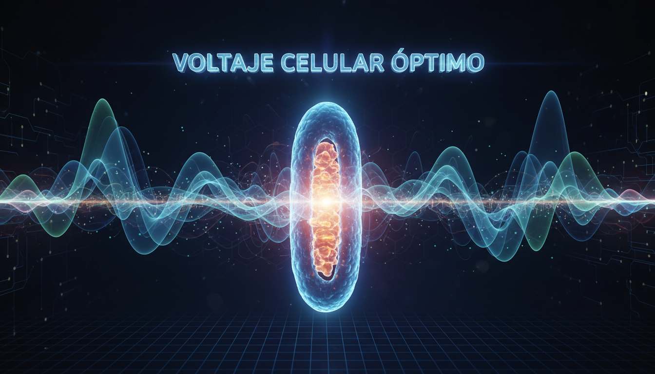 Un diagrama infográfico 3D mostrando una mitocondria humana brillando intensamente, conectada a ondas cerebrales suaves. Texto flotante: 