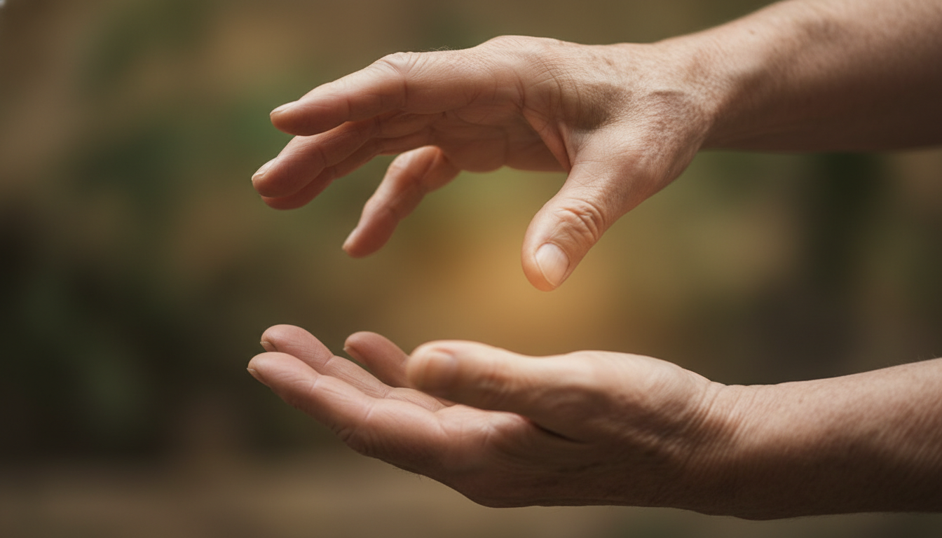 Primer plano detallado de las manos de una persona mayor realizando un gesto de Chi Kung, con las palmas abiertas y relajadas. La iluminación resalta la textura de la piel y la relajación de los tendones, transmitiendo una sensación de flujo energético y suavidad.