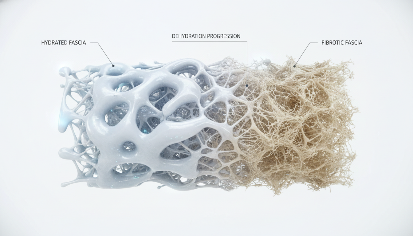 Ilustración médica 3D de alta calidad de una red de tejido conectivo (fascia) con aspecto brillante y húmedo en un lado, transformándose gradualmente en una red seca y fibrosa en el otro, estilo infografía científica clara.