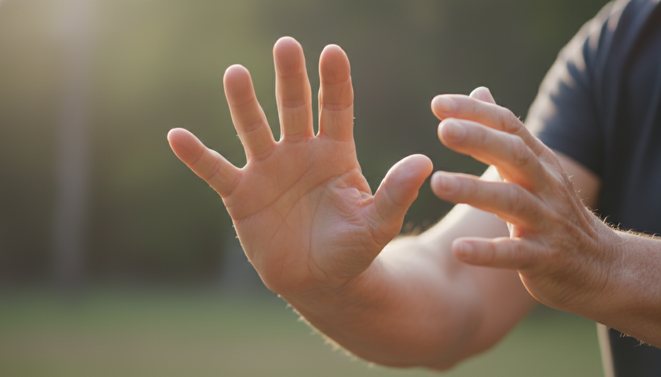 Primer plano detallado de las manos de una persona mayor realizando un gesto de Chi Kung, con las palmas abiertas y relajadas. La iluminación resalta la textura de la piel y la relajación de los tendones, transmitiendo una sensación de flujo energético y suavidad.