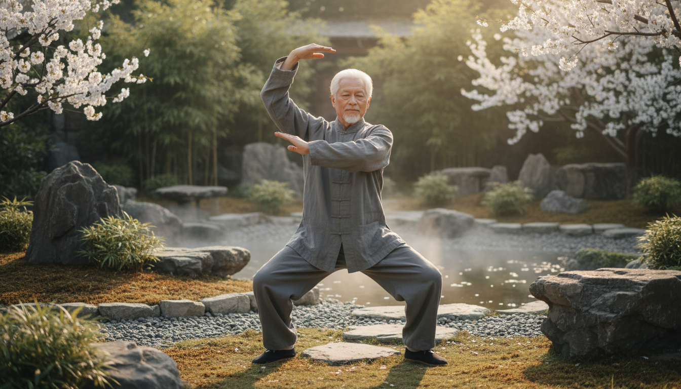 Un hombre mayor en un jardín sereno manteniendo la Postura del Árbol (Zhan Zhuang), con los brazos en círculo como si abrazara un tronco invisible. La postura muestra alineación perfecta, hombros relajados y una base sólida.