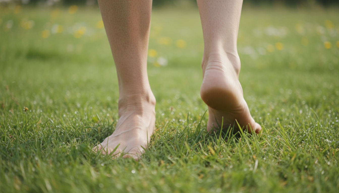 Primer plano de los pies de una persona mayor sobre hierba verde, realizando el movimiento de elevar ligeramente los talones para el ejercicio de rebote (shaking), transmitiendo estabilidad y conexión con la tierra.