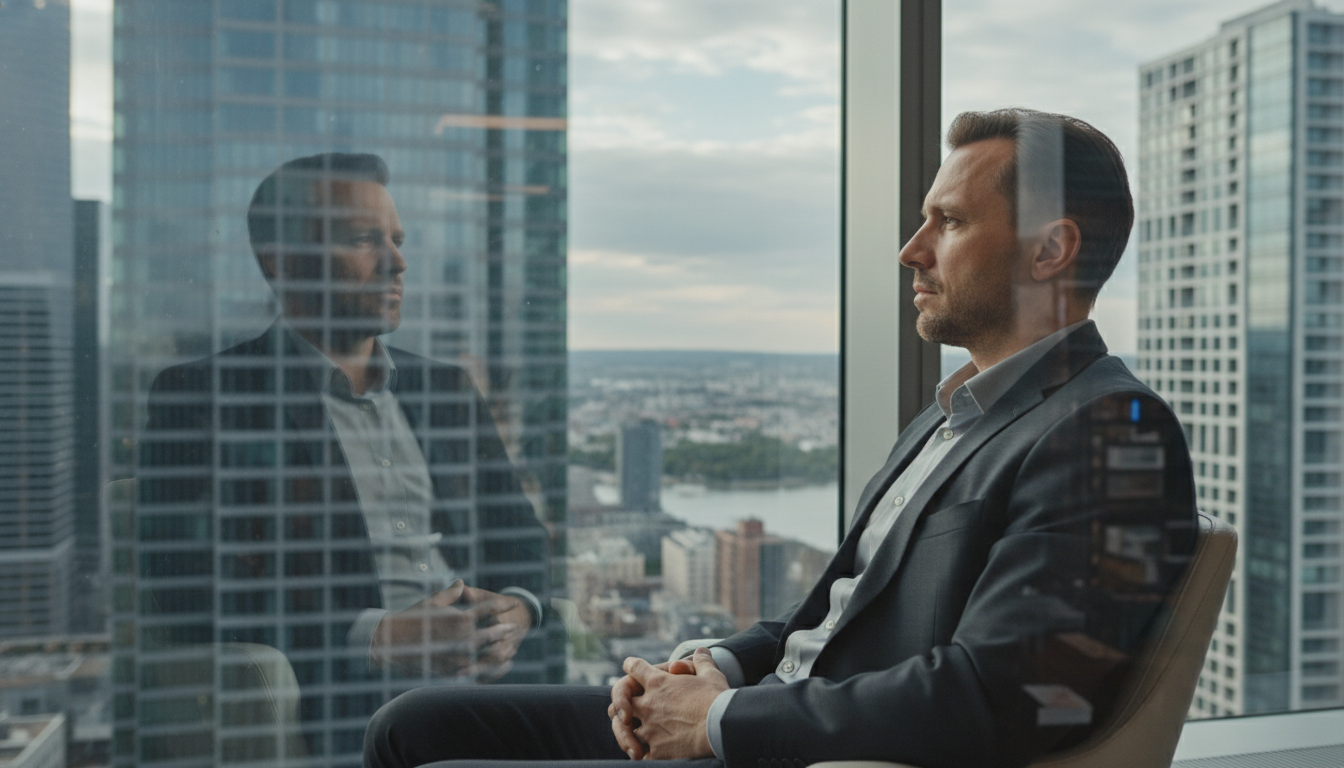 Primer plano de perfil de un hombre de unos 40 años sentado en una silla moderna, mirando hacia una ventana de vidrio en un rascacielos. Su reflejo en el cristal se superpone con la ciudad de fondo. Su expresión es seria, serena y de concentración absoluta. Estilo documental, alta resolución.