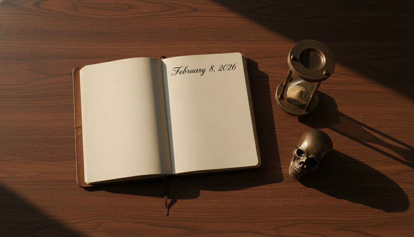Top-down photograph of a dark wood minimalist desk. In the center, an open leather notebook with the date 'February 8, 2026' written in fountain pen. Next to it, an antique hourglass with sand almost run out and a small bronze skull paperweight. Natural side lighting, dramatic shadows, sunset vibes, 8k resolution.