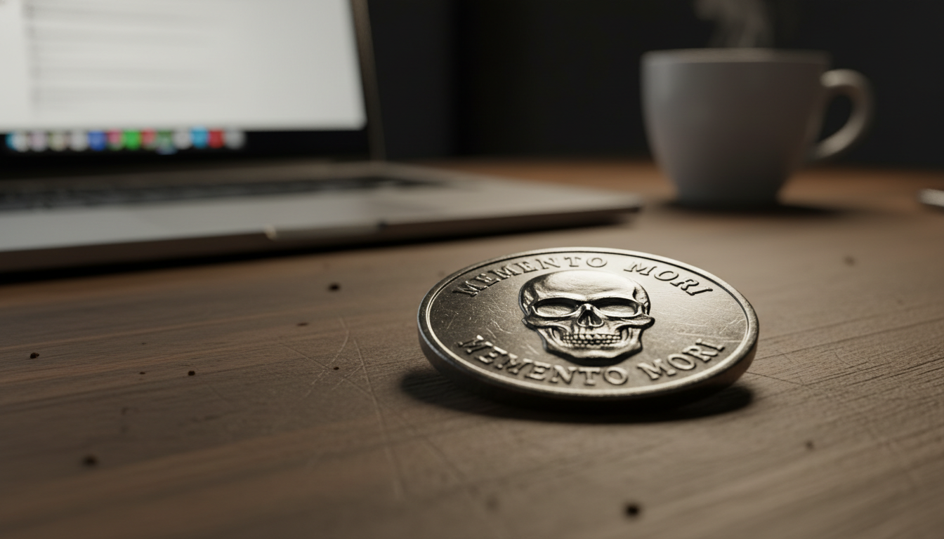 Macro photography of a silver challenge coin on a wooden desk with an engraved skull and the text 'MEMENTO MORI'. In the background, a blurred laptop and a cup of coffee. High contrast, sharp focus on the coin texture.