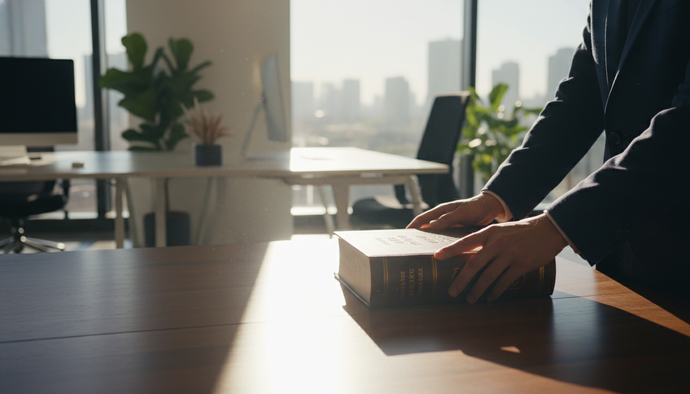 A high-quality realistic photo of a person's hands closing a thick book in a bright, modern office. A beam of light hits the table highlighting dust particles, symbolizing the passage of time and the closing of a chapter. Elegant and professional atmosphere.