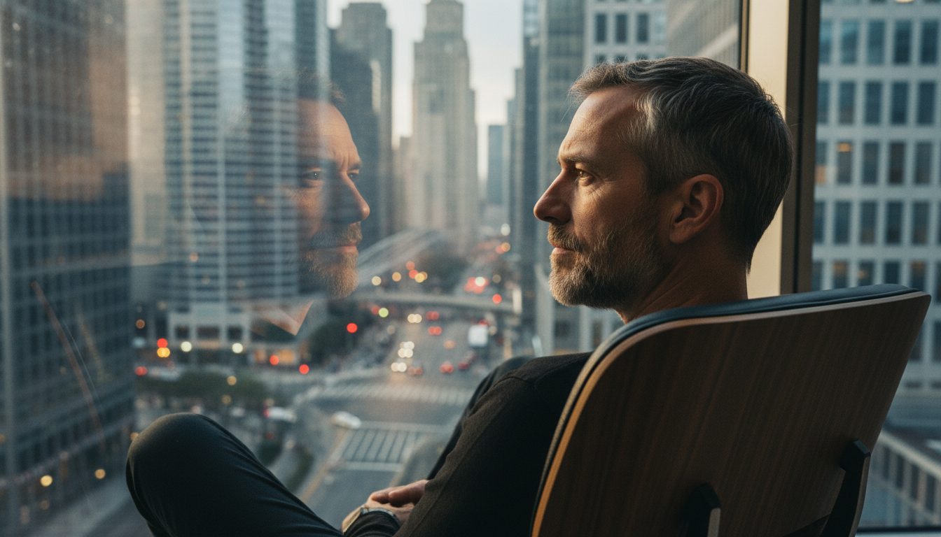 Close-up profile of a 40-year-old man sitting in a modern chair, looking through a skyscraper window. His reflection on the glass overlaps with the city background. Serious and serene expression of absolute concentration. Documentary style, high resolution, cinematic lighting.