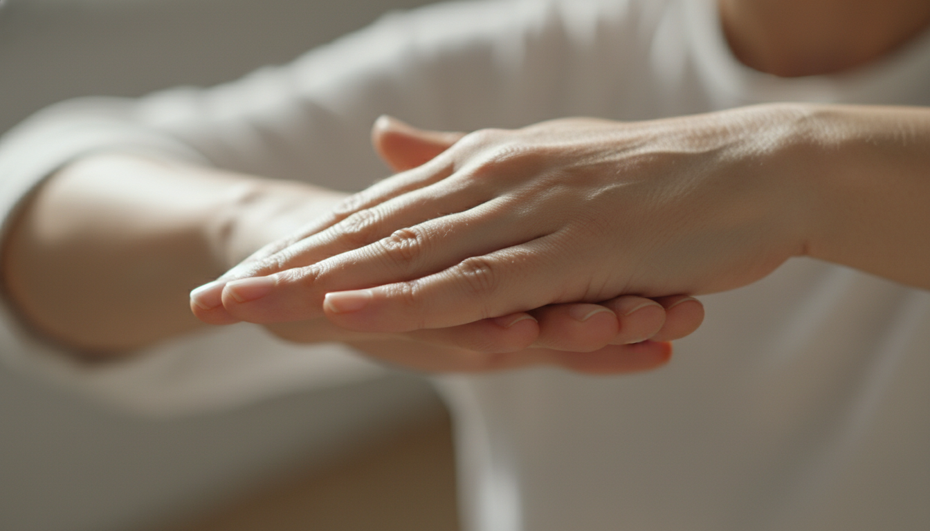 Fotografía macro, estilo clínico pero cálido. Primer plano de unas manos realizando el movimiento de