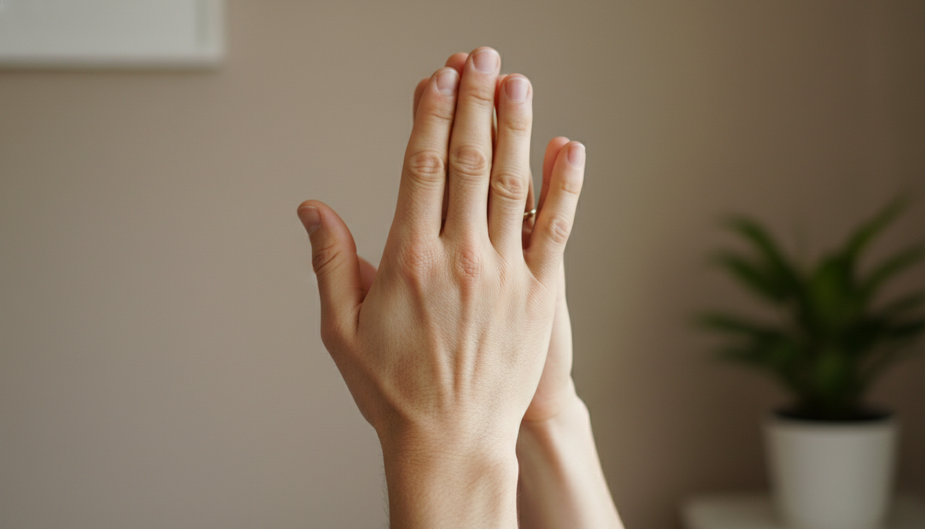 Fotografía macro, estilo clínico pero cálido. Primer plano de unas manos realizando el movimiento de