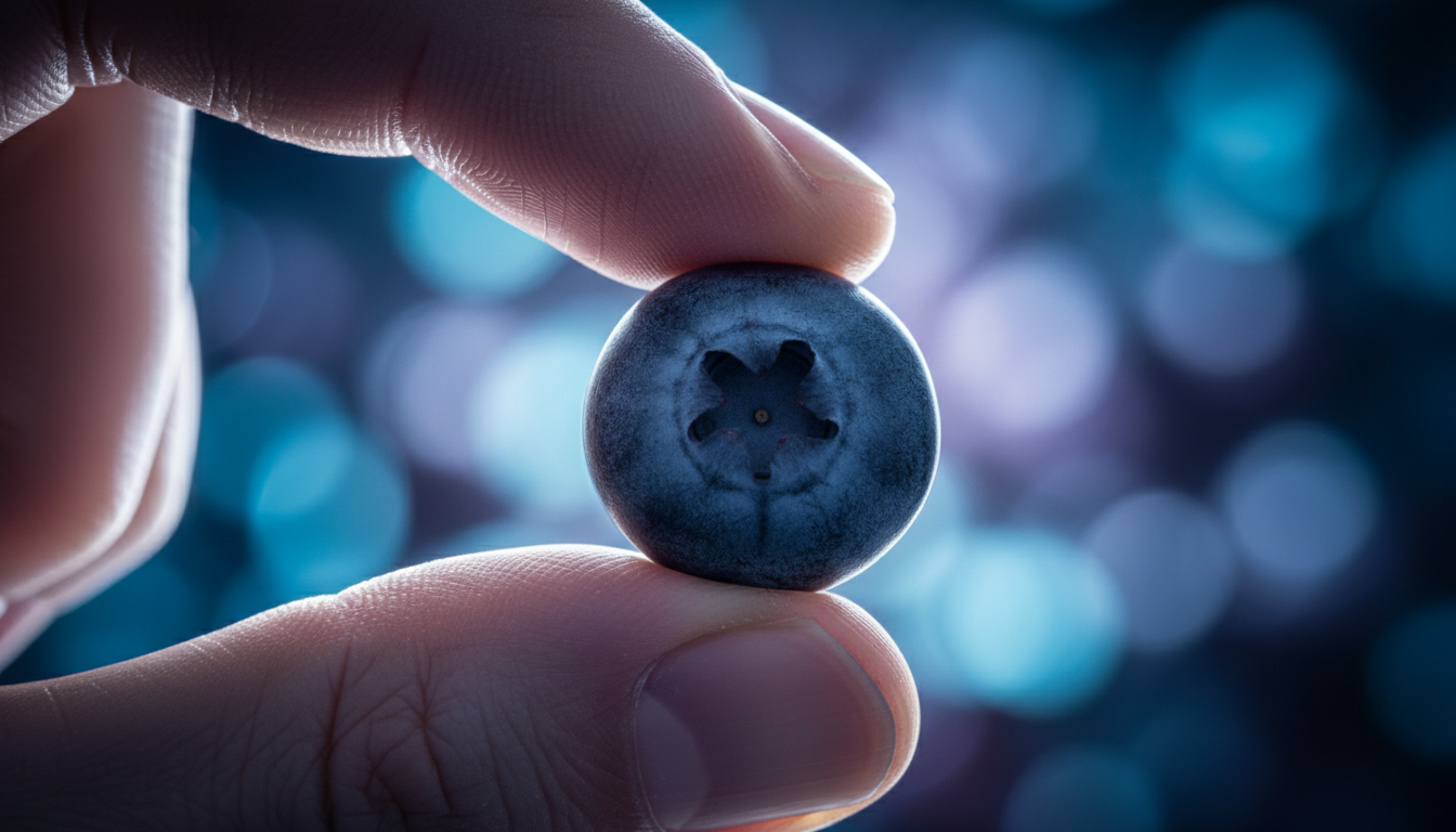 Fotografía macro, muy detallada y realista, de una mano sosteniendo un arándano o una uva entre el dedo índice y el pulgar, a contraluz. El fondo está desenfocado (bokeh). La textura de la fruta y las huellas dactilares son visibles, simbolizando la atención plena extrema en un objeto pequeño. Estilo visual clínico pero orgánico, tonos azules y violáceos.