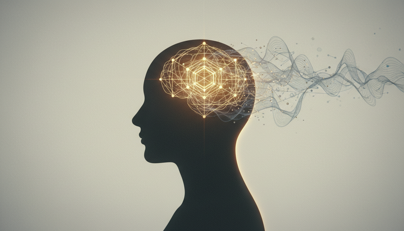 Ilustración conceptual minimalista y elegante que muestra una silueta humana de perfil en tonos neutros. En el área del cerebro, específicamente la corteza prefrontal, destellos de luz dorada forman un patrón geométrico ordenado, mientras que el resto del fondo muestra ondas de sonido desordenadas desvaneciéndose. Simboliza el paso del ruido mental a la claridad y el control consciente.