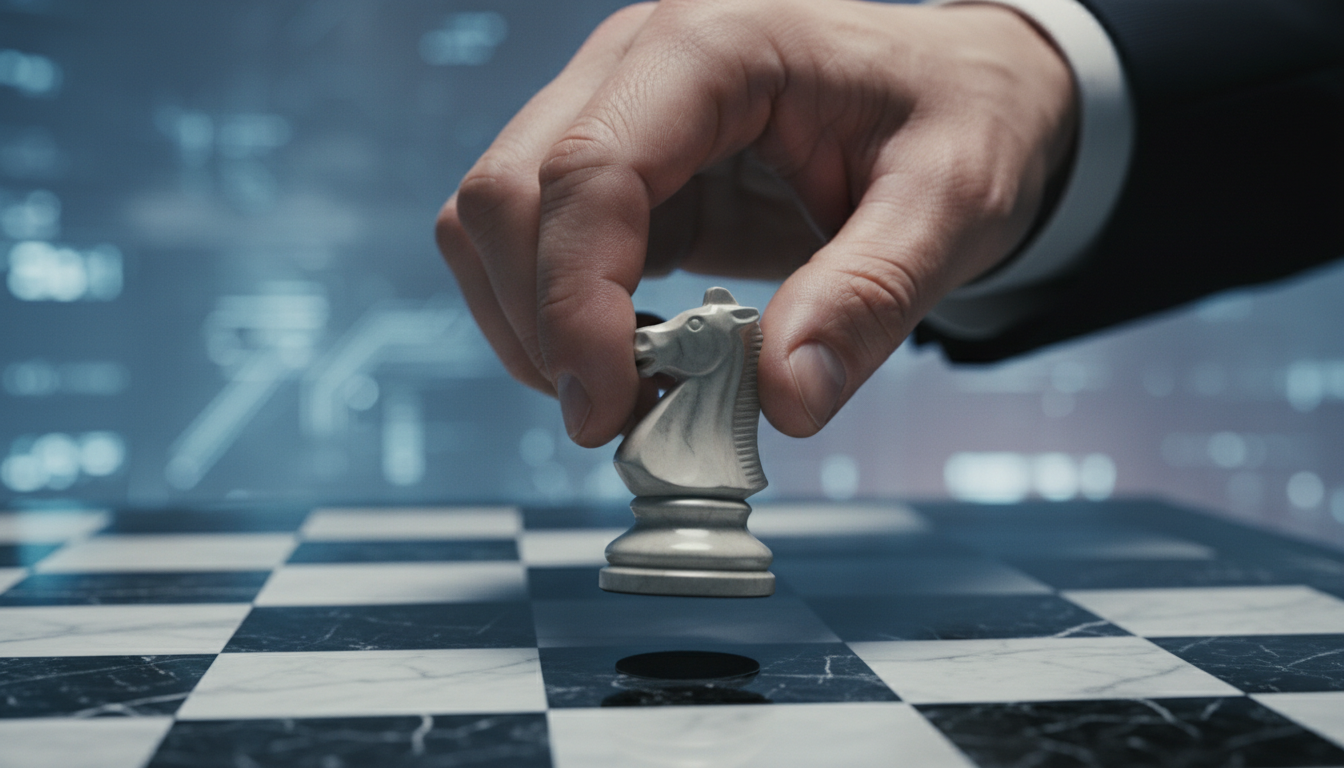Primer plano realista de una mano de un hombre de negocios sosteniendo una pieza de ajedrez de mármol, suspendida en el aire sobre un tablero. El fondo está desenfocado con tonos fríos y tecnológicos. La iluminación destaca la tensión en los tendones de la mano, capturando el