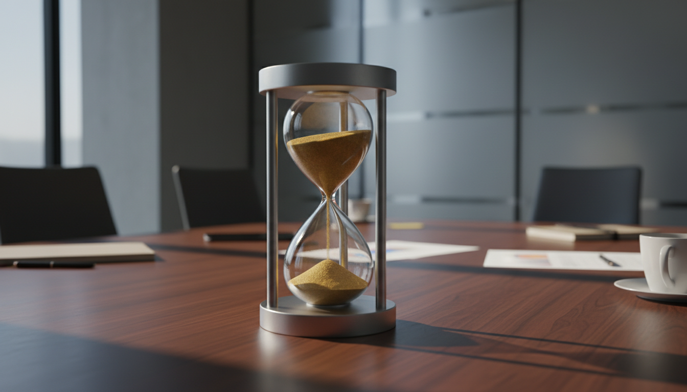 Fotografía de un reloj de arena moderno sobre una mesa de conferencias de madera oscura. La arena dentro del reloj fluye hacia arriba en lugar de hacia abajo, desafiando la gravedad, simbolizando la gestión del tiempo no lineal y la percepción alterada durante estados de flujo profundo. Luz lateral dramática.