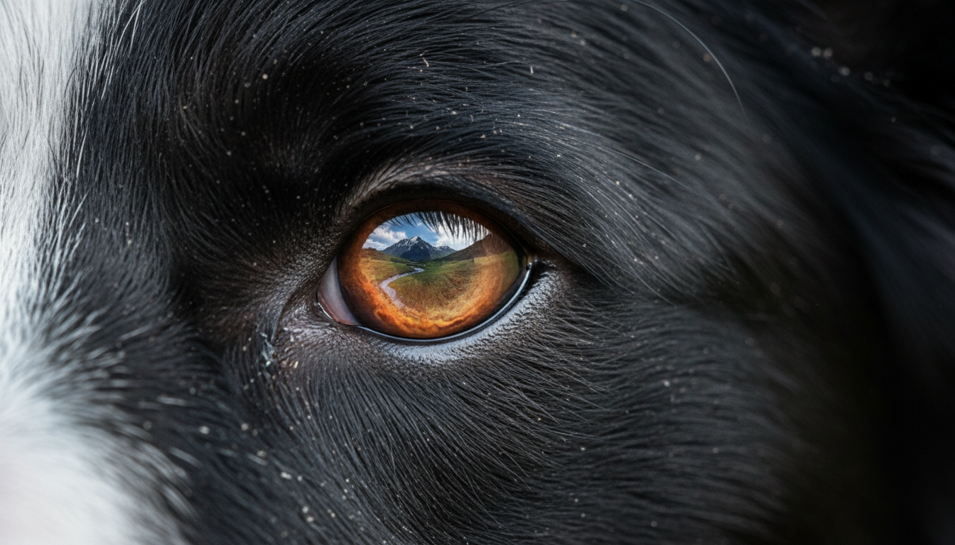 Primer plano macro y realista del ojo de un Border Collie, reflejando un paisaje natural. La textura del pelaje es nítida y detallada. La imagen transmite una concentración intensa pero serena, capturando la esencia de la atención plena animal. Estilo documental de naturaleza.