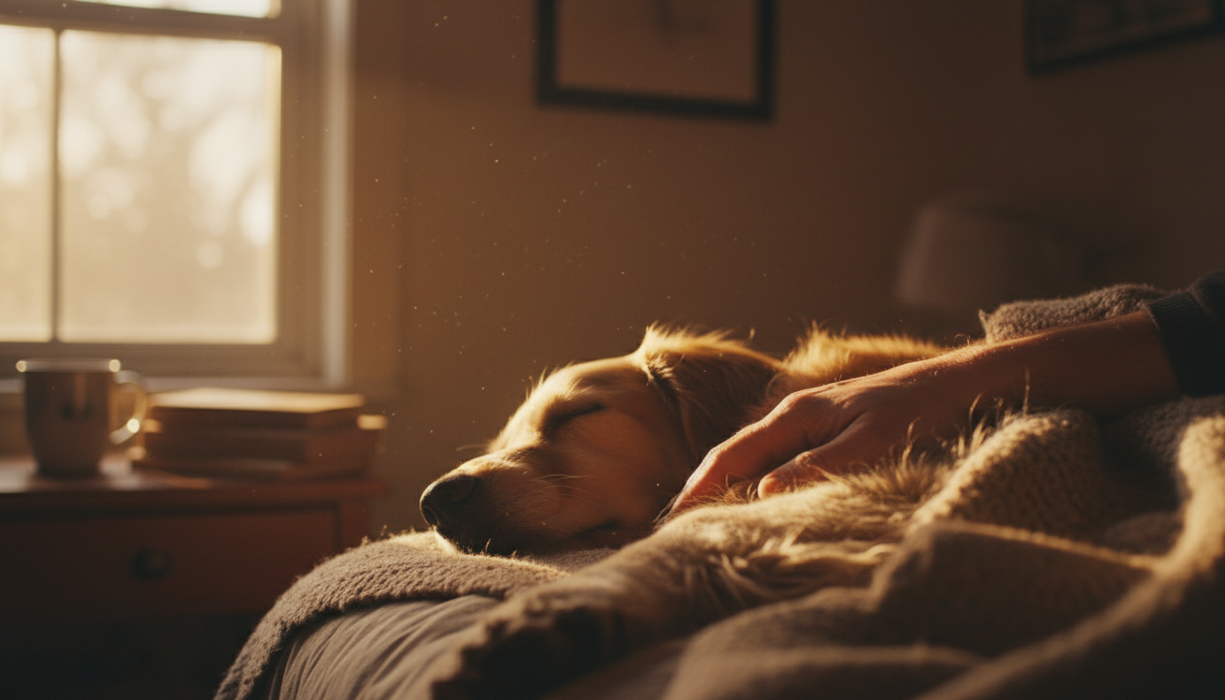 Fotografía de interior con luz natural suave de atardecer. Una mano humana descansa suavemente sobre el pelaje texturizado del costado de un perro que duerme plácidamente. Se ven partículas de polvo flotando en un rayo de luz. La imagen evoca silencio, tacto y conexión profunda.