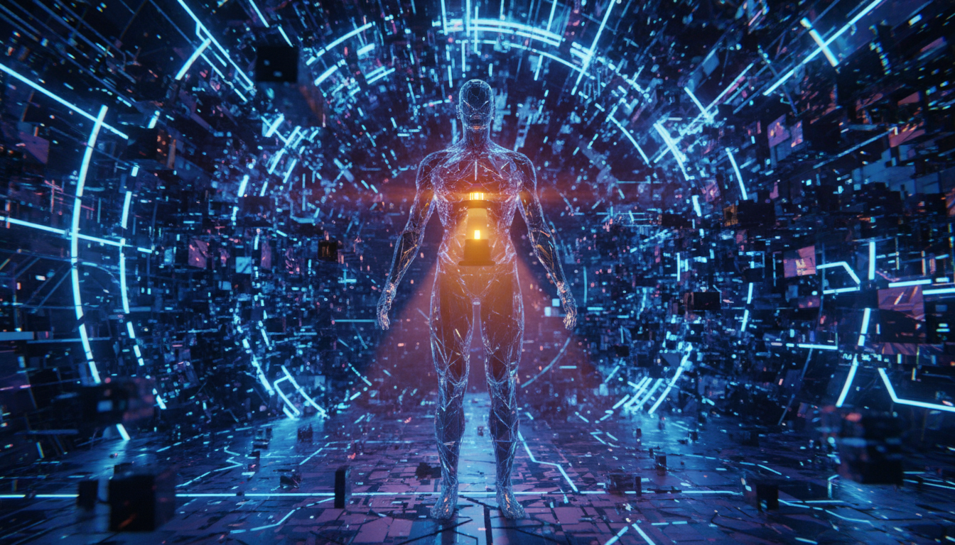 Imagen conceptual de una silueta humana de cristal en medio de un entorno digital caótico y fragmentado. En el centro del pecho de la silueta, brilla una luz cálida y constante en forma de faro, que proyecta un rayo de claridad hacia el frente, disipando la estática y los fragmentos flotantes de información. Colores azul neón para el fondo y ámbar intenso para la luz central.