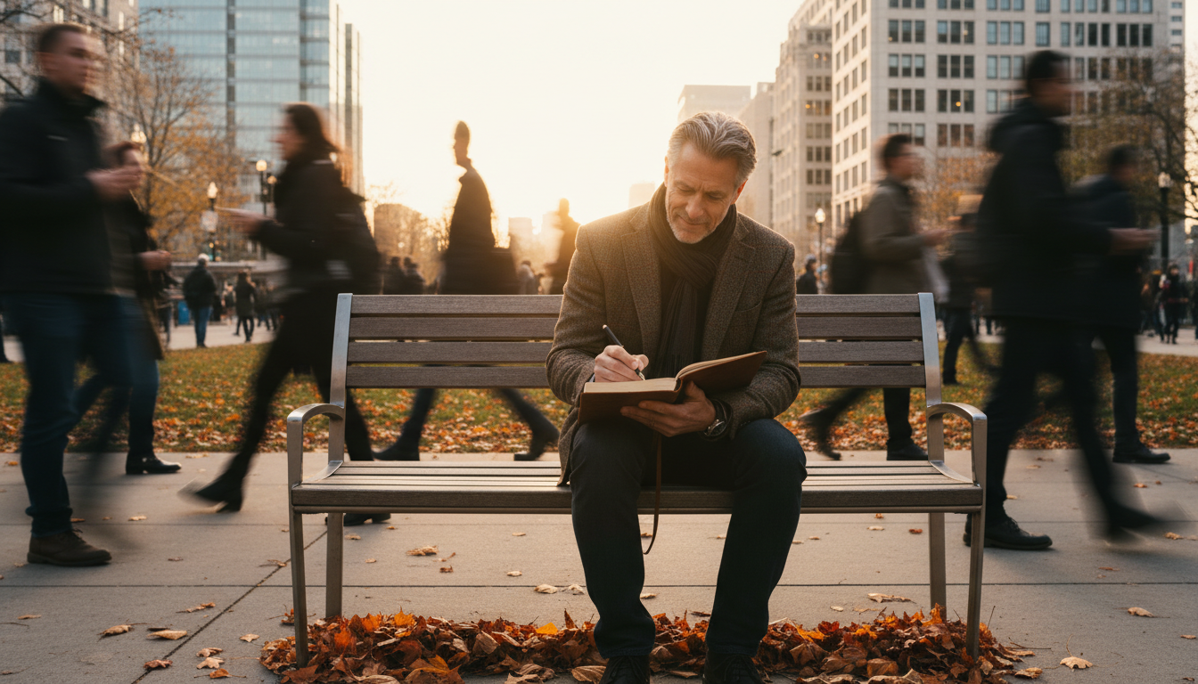 Fotografía realista de un hombre de mediana edad sentado en un banco de un parque urbano moderno en otoño. Está escribiendo en un cuaderno de cuero con una pluma estilográfica, con expresión de profunda concentración y serenidad. A su alrededor, la gente camina rápido y borrosa (efecto de larga exposición), representando el caos del mundo moderno, mientras él permanece nítido y estático, anclado en su propósito. Iluminación suave de atardecer, tonos ocres y dorados.
