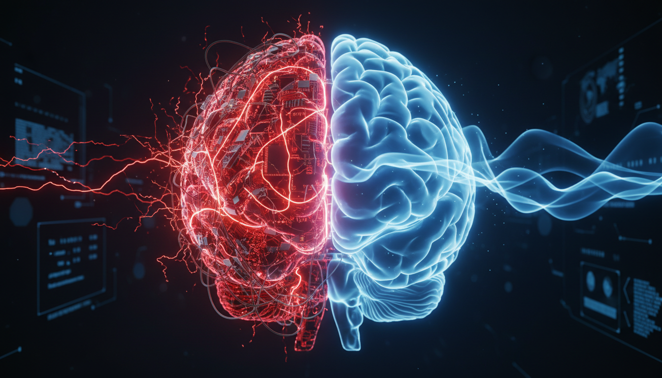 Ilustración digital 3D de un cerebro humano estilizado. Una mitad muestra circuitos rojos sobrecargados representando el estrés y la otra mitad muestra patrones fluidos de luz azul zen representando la calma. Fondo oscuro, estilo médico futurista de alta resolución.